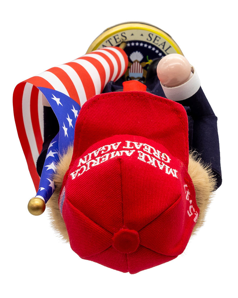 Christmas Cheer All Year Donald J. Trump Presidential Nutcracker Make America Great Again Red Baseball Cap Navy Suit American Flag on Pedestal by Kurt Adler G5013
