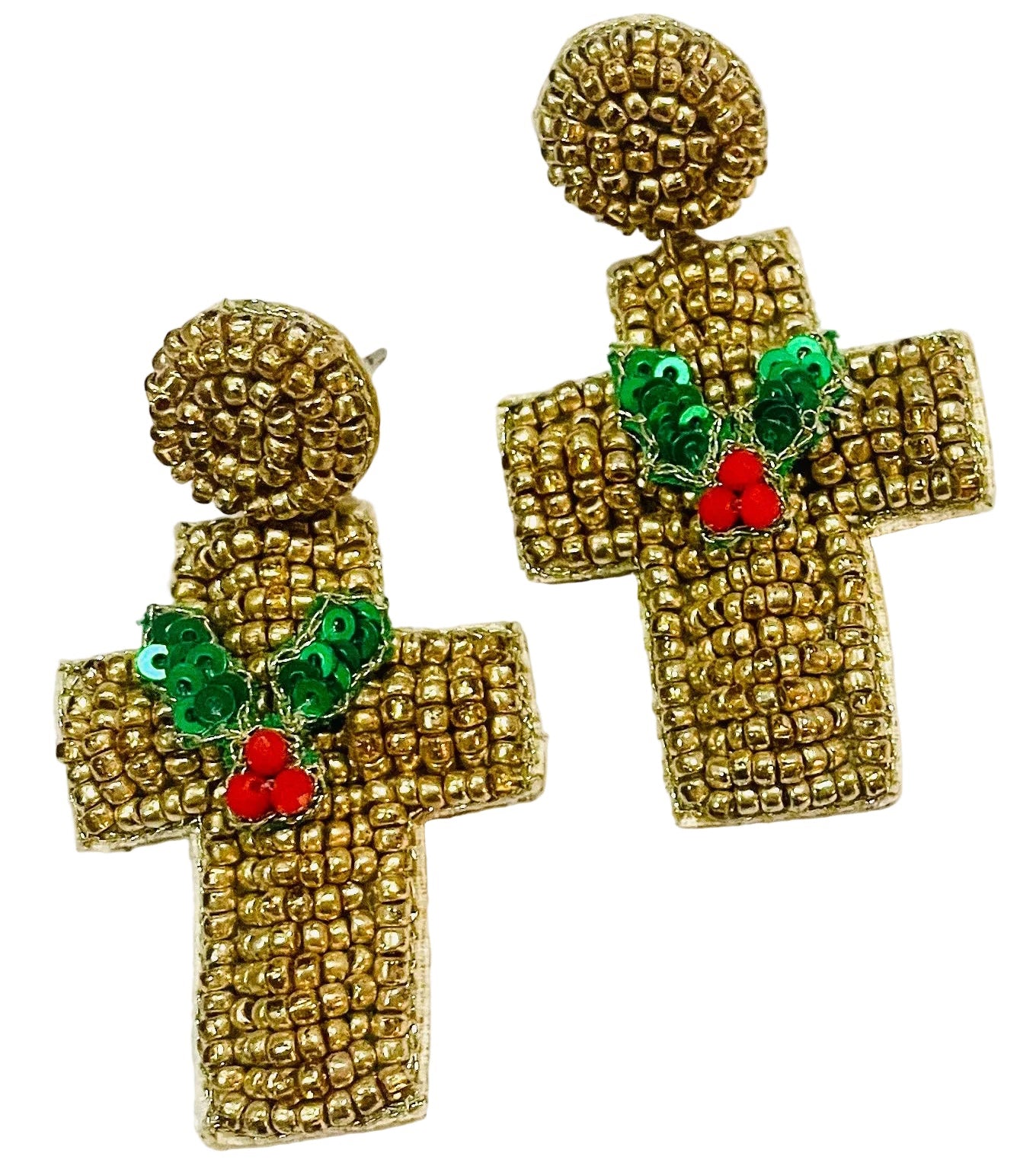 Christmas Cheer All Year Gold cross-shaped earrings with holly and berries