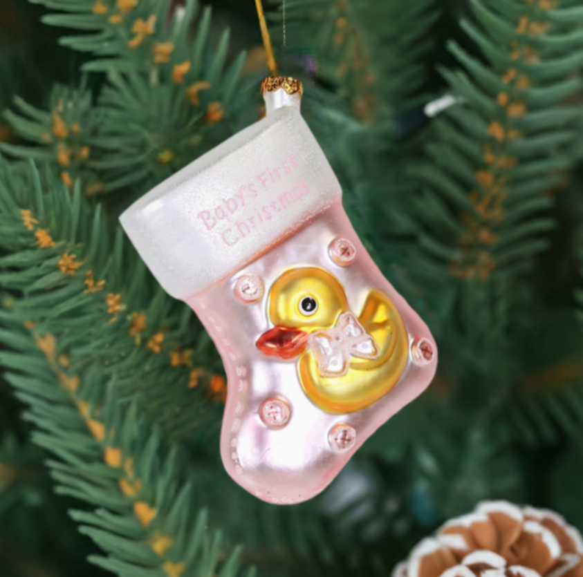 The Canton Christmas Shop Baby's First Christmas Ornament in box on christmas tree branch