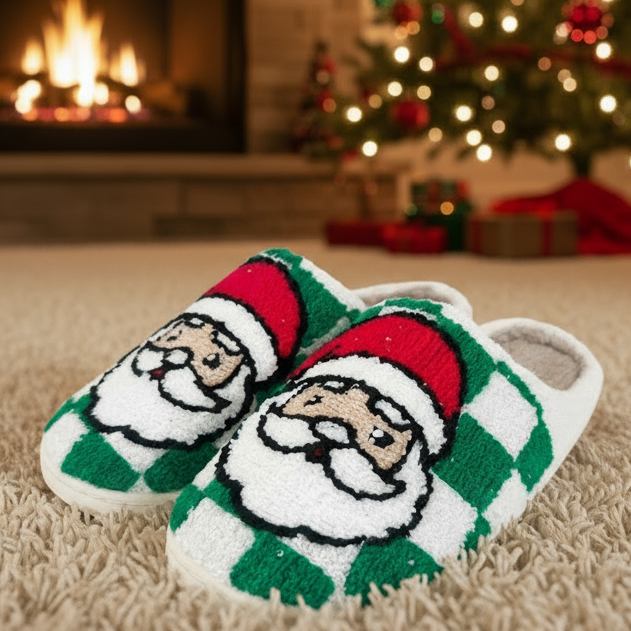 Christmas Cheer All Year green checkered santa sherpa slippers