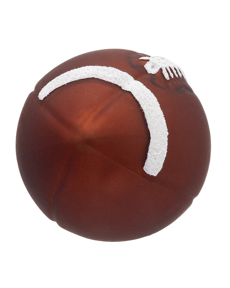 Brown football with a white logo on a white background