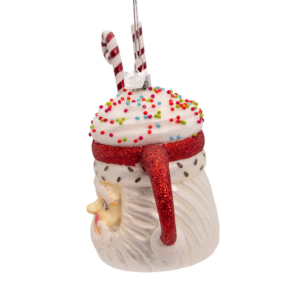 Side view Decorative Christmas ornament shaped like a Santa Claus head with a candy cane hat by Christmas Cheer All year