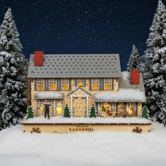 Christmas Cheer All Year lighted wood snowy National Lampoon's Christmas Vacation house with illuminated windows and trees in the evening by Kurt Adler NL5251