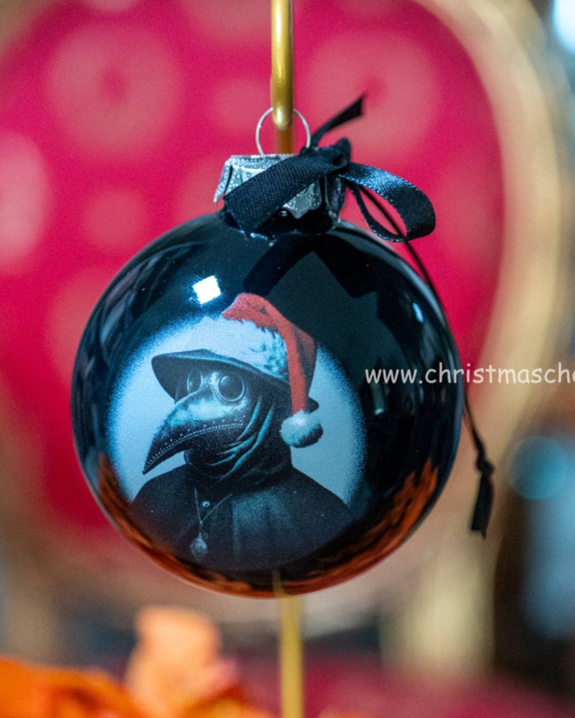 Black Christmas ornament with a plague doctor design with Santa hat Christmas Cheer All Year