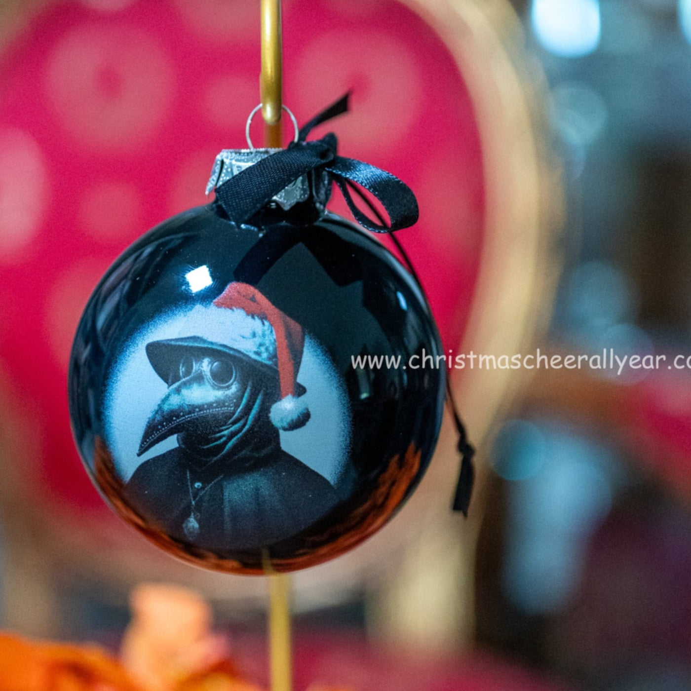 Black Christmas ornament with a plague doctor design with Santa hat Christmas Cheer All Year