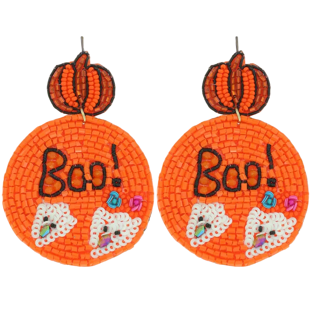Christmas Cheer All Year pair of orange Halloween beaded earrings shaped like pumpkins with the word 'Boo!' and white ghost faces, shown on a plain white background.
