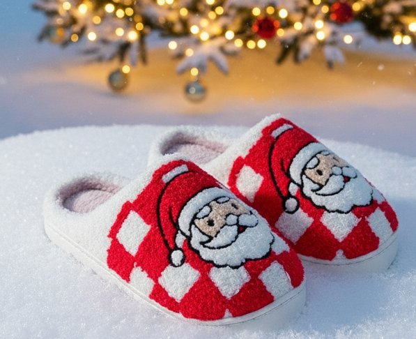 Christmas Cheer All Year red checkered santa sherpa slippers