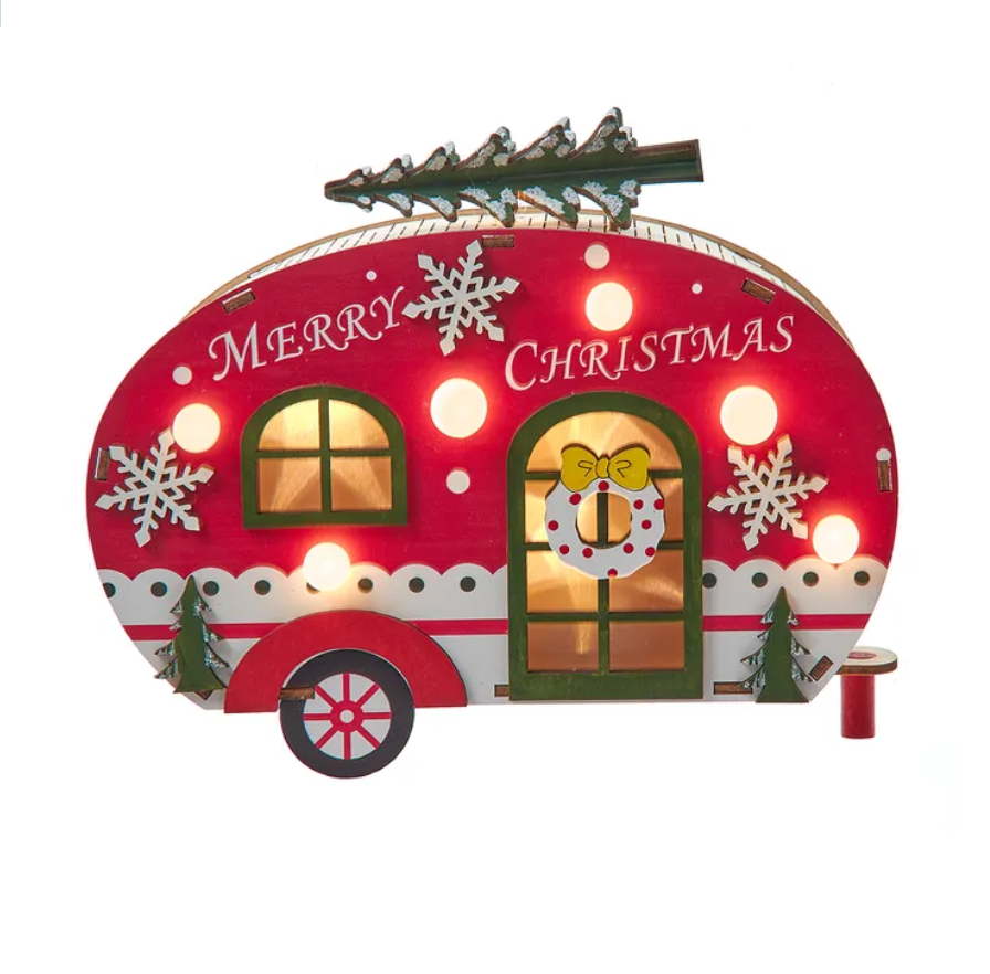 The Canton Christmas Shop 6 3/4" Battery Operated Wooden Lighted Camper Van on white background