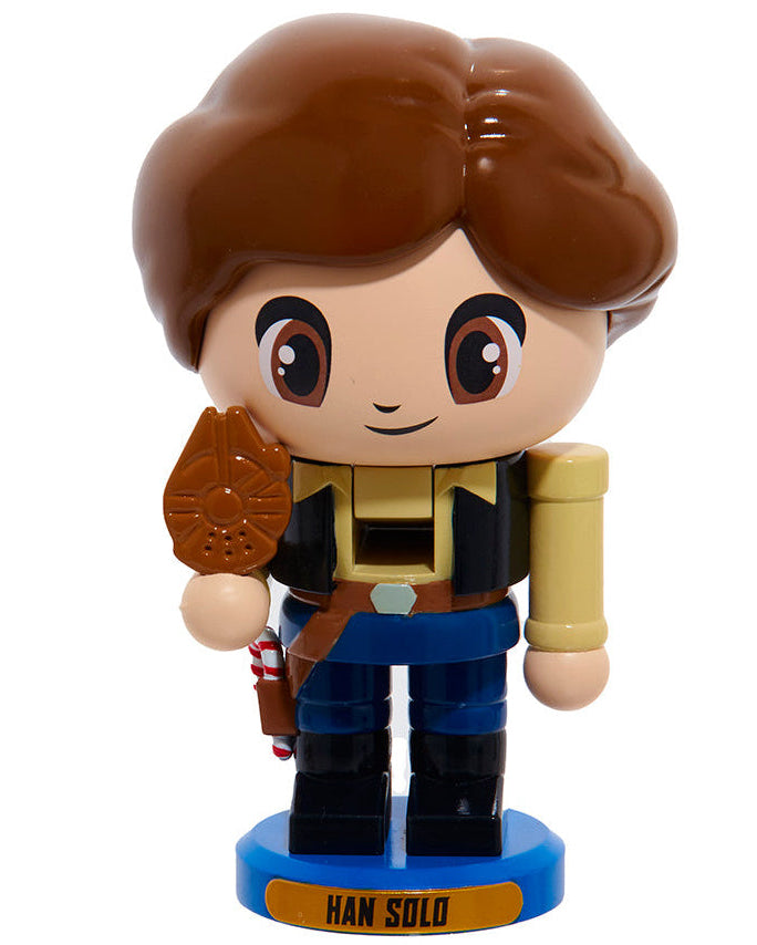 Christmas Cheer All Year Han Solo Little Legends Nutcracker holding a chocolate millennium falcon on a white background