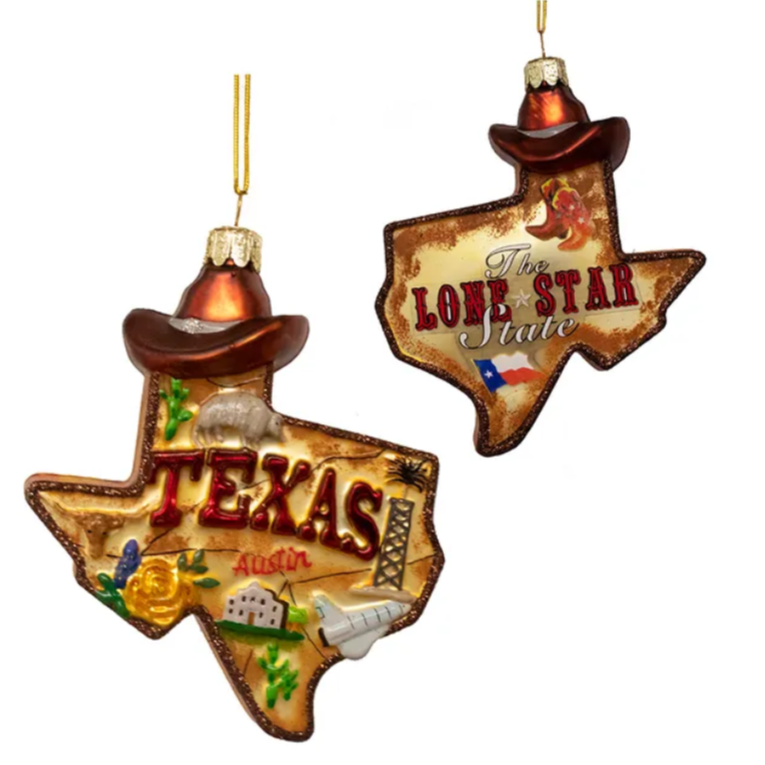 Christmas Cheer All Year Kurt Adler C7589 Texas Glass Ornament Lone Star State Austin Cowboy Hat