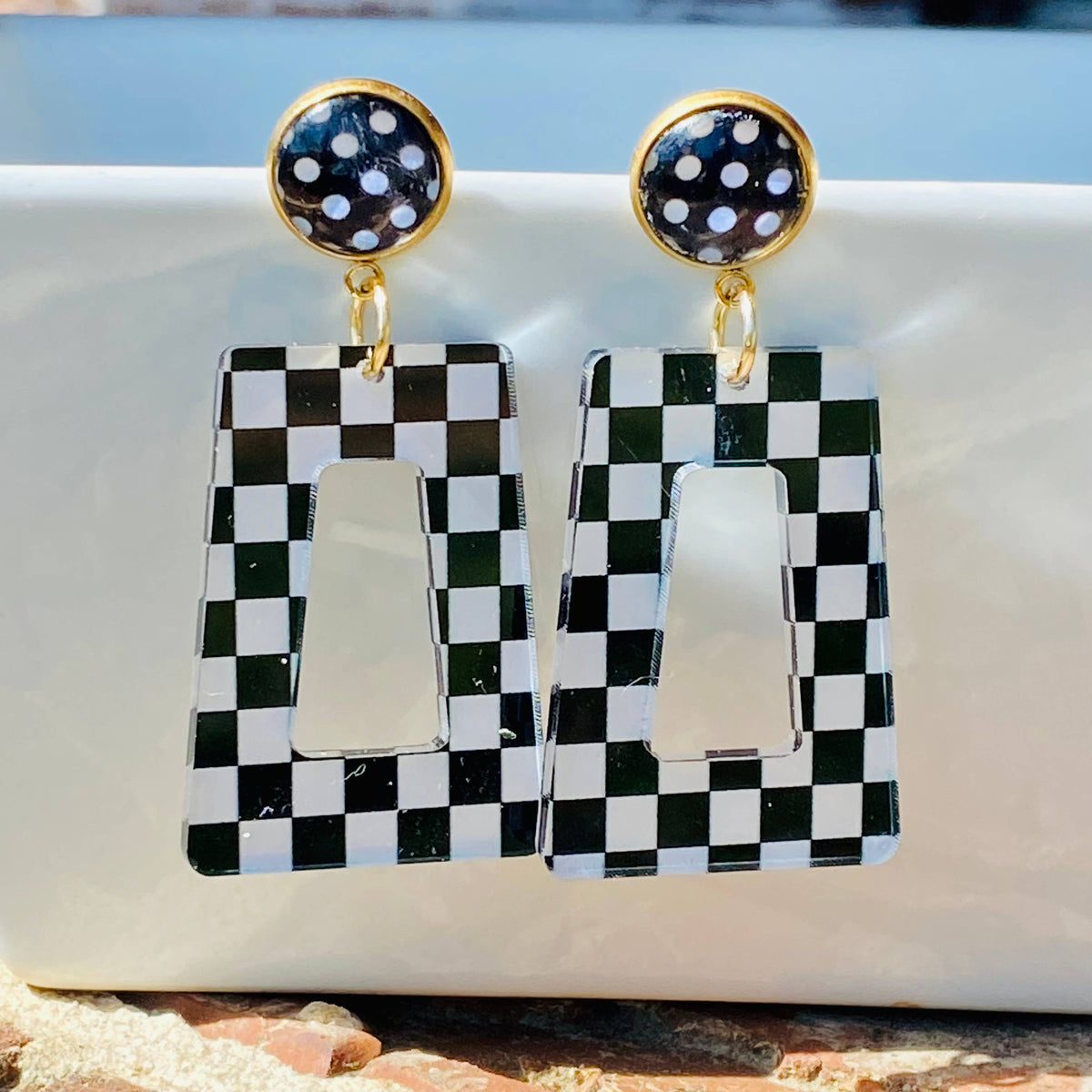 Retro Checkered Chic Acrylic Dangle Earrings