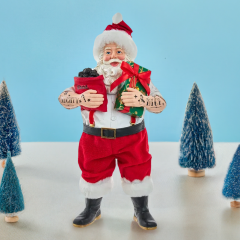 The Canton Christmas Shop 10 1/2" Fabriche Tattoo Santa with Gift Box by Kurt Adler