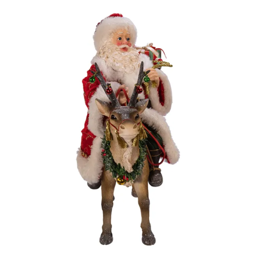 Christmas Cheer All Year 11.5" Fabriche Santa on Reindeer Figurine by Kurt Adler
