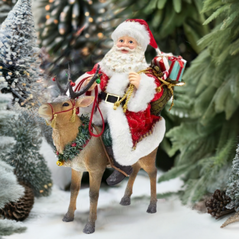 Christmas Cheer All Year 11.5" Fabriche Santa on Reindeer Figurine by Kurt Adler