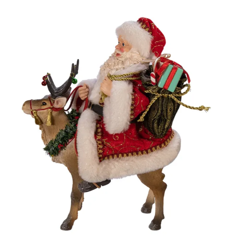 Christmas Cheer All Year 11.5" Fabriche Santa on Reindeer Figurine by Kurt Adler