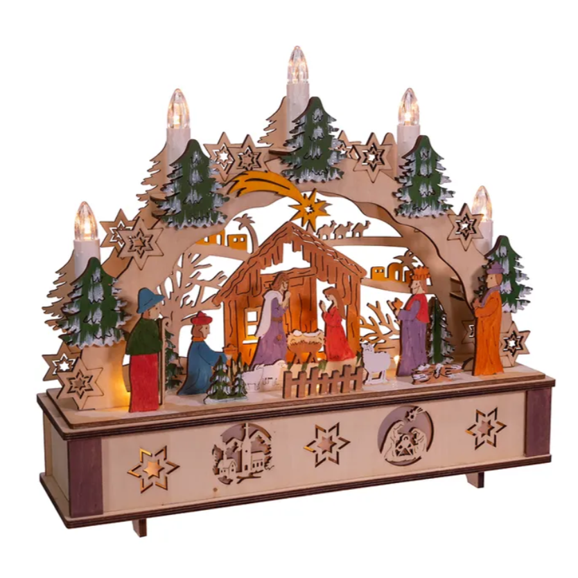 The Canton Christmas Shop 11" Light-Up Wooden Nativity Scene with Candles by Kurt Adler