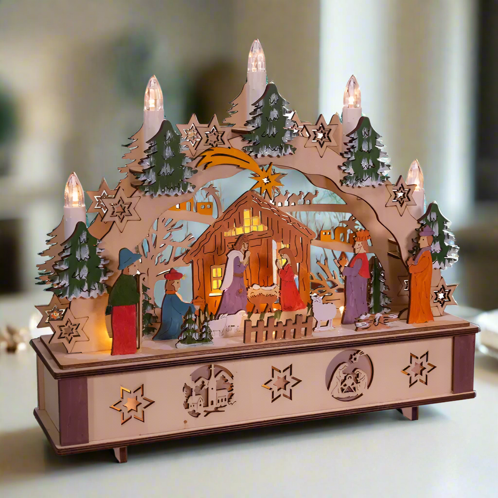 The Canton Christmas Shop 11" Light-Up Wooden Nativity Scene with Candles by Kurt Adler