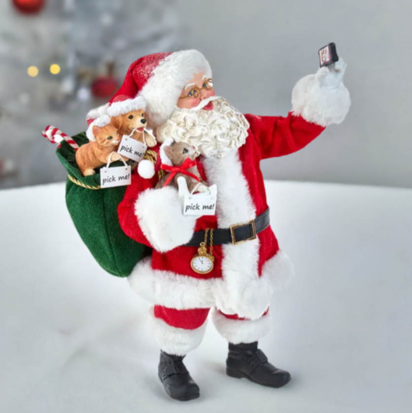 The Canton Christmas Shop 11" Fabriche Selfie Santa Figurine with puppies and kittens for adoption from Kurt Adler