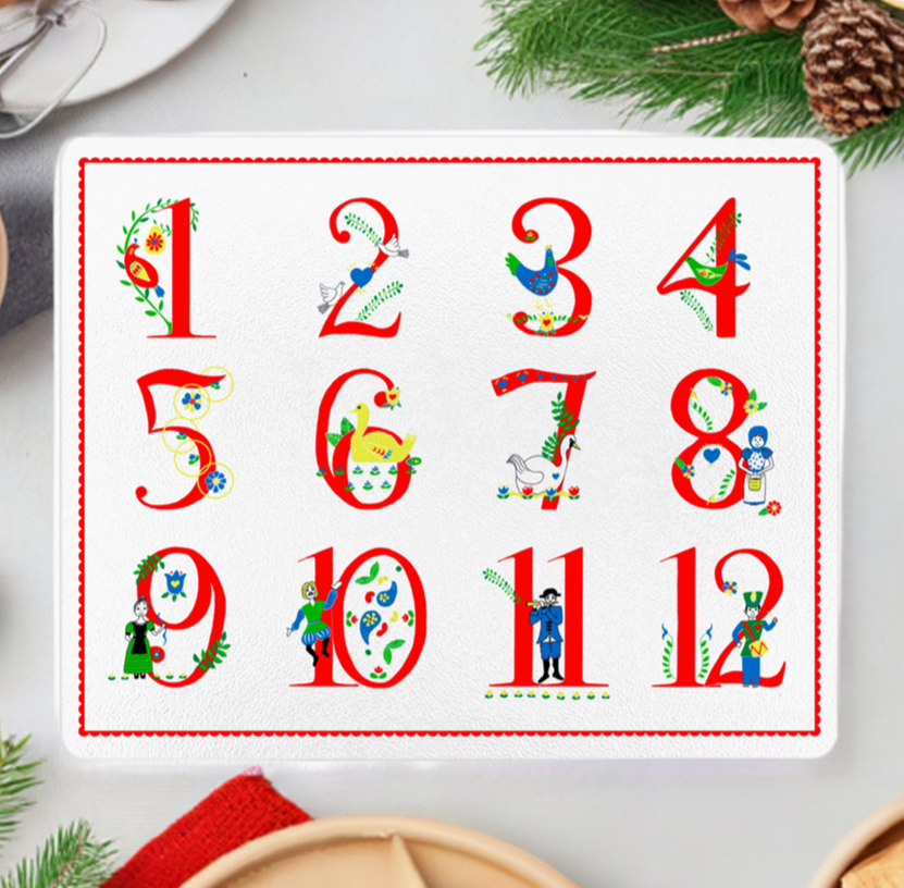 Christmas Cheer All Year 12 Days of Christmas Glass Cutting Board