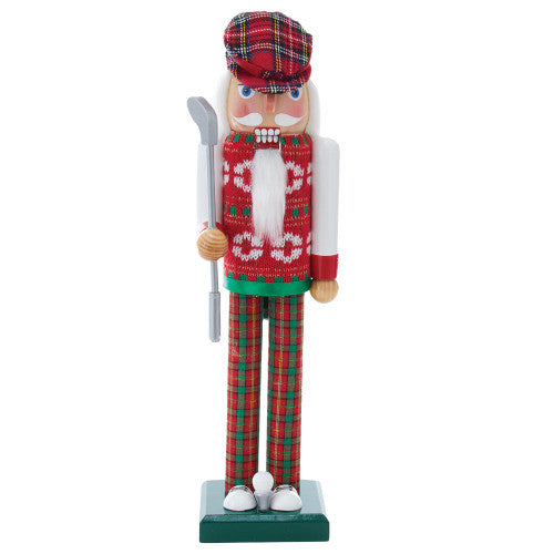 Christmas Cheer All Year 15" golf Nutcracker figurine dressed in a festive outfit with plaid hat, sweater and pants on a green base