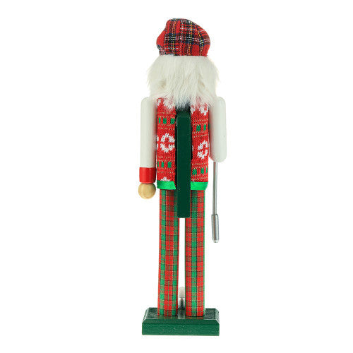 Christmas Cheer All Year 15" Wooden golf dressed to the nines nutcracker figurine wearing a red plaid hat and sweater with white trim 