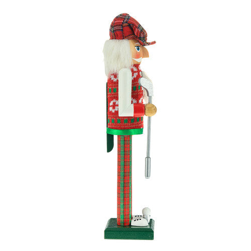 Christmas Cheer All Year Nutcracker figurine dressed in a plaid outfit with a golf club 