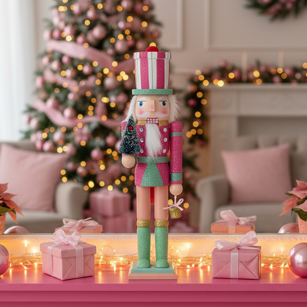 Christmas Cheer All Year 15" pink and green glitter nutcracker soldier