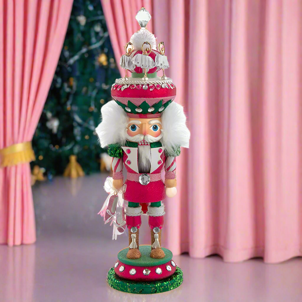 Christmas Cheer All Year 16" Hollywood Nutcrackers™ Ballet Soldier Nutcracker HA0644 in front of ballerina stage curtain with christmas tree in background