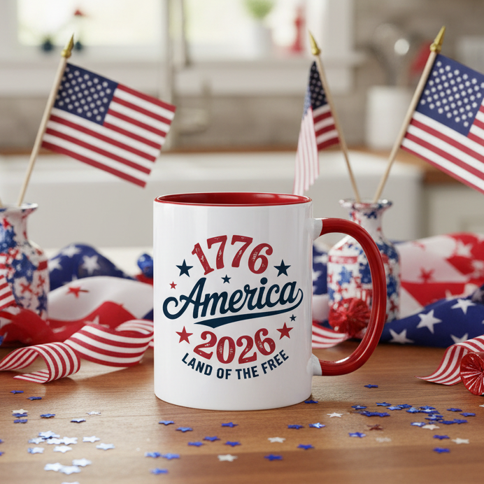 Christmas Cheer All Year 250th Anniversary patriotic mug featuring '1776 America 2026' text and American flags in a kitchen.