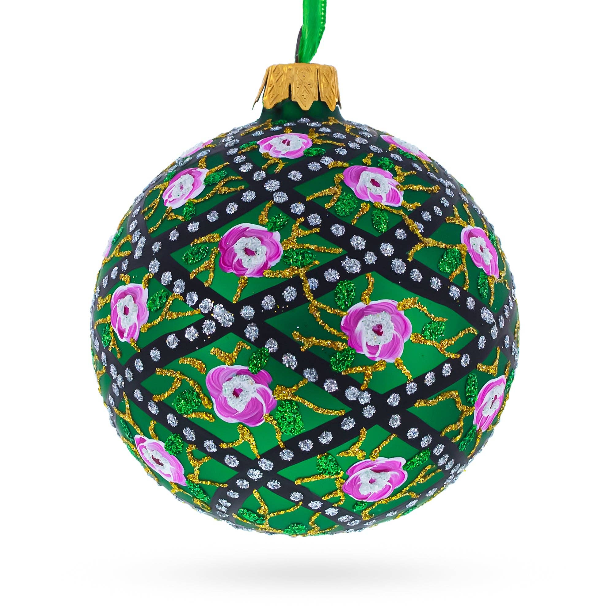 The Canton Christmas Shop 1907 Rose Trellis Royal Egg Green Glass Ornament Faberge Royal Family Ukraine Handpainted