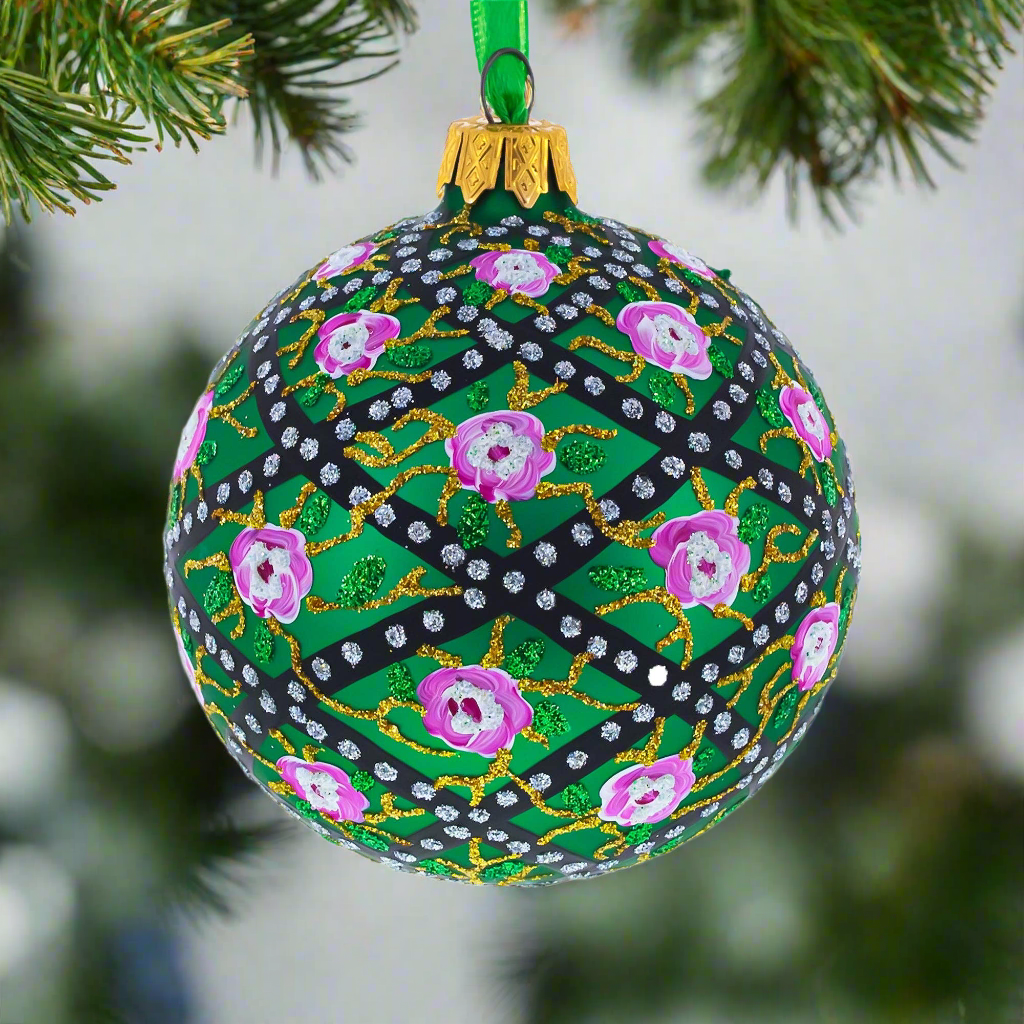The Canton Christmas Shop 1907 Rose Trellis Royal Egg Green Glass Ornament Faberge Royal Family Ukraine Handpainted