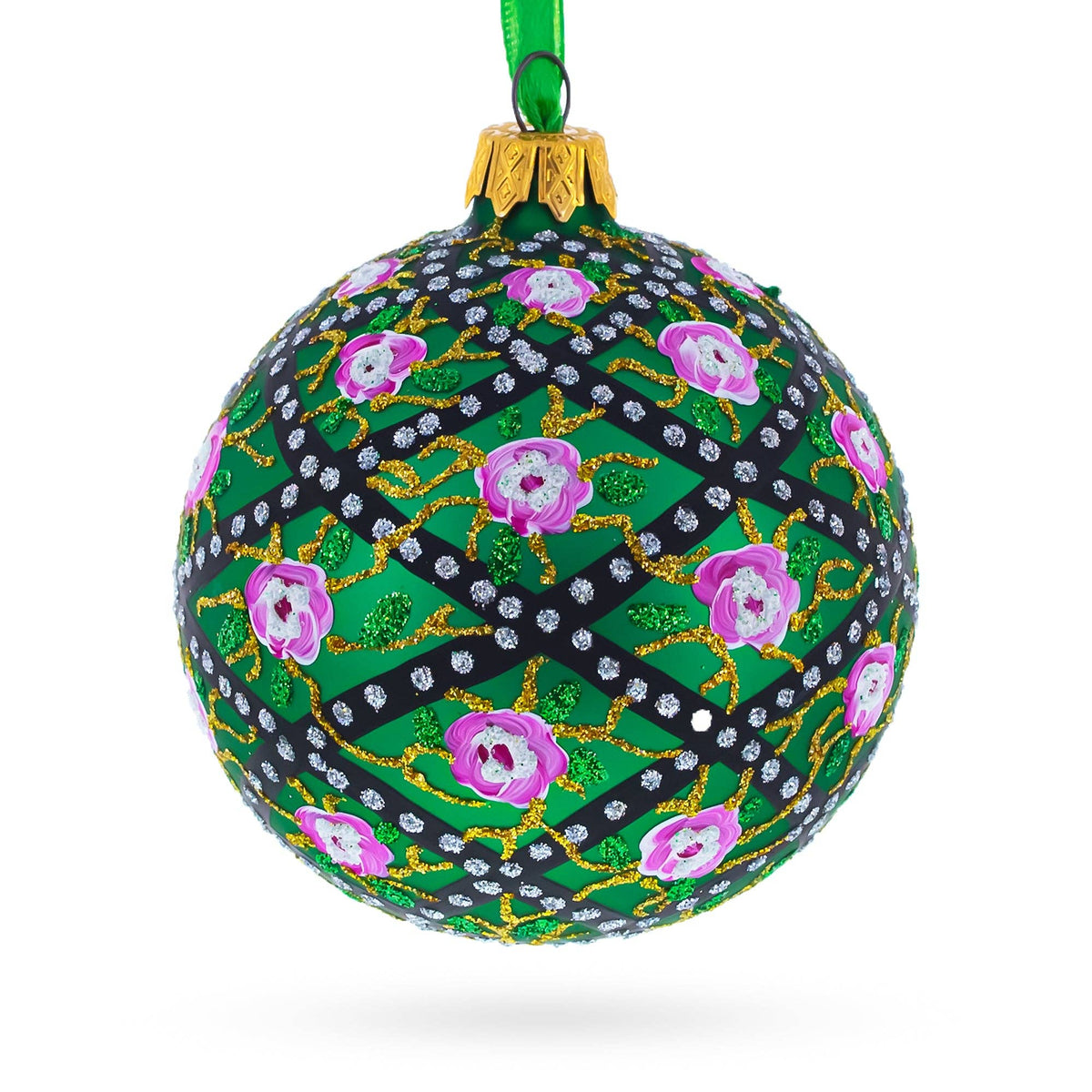 The Canton Christmas Shop 1907 Rose Trellis Royal Egg Green Glass Ornament Faberge Royal Family Ukraine Handpainted