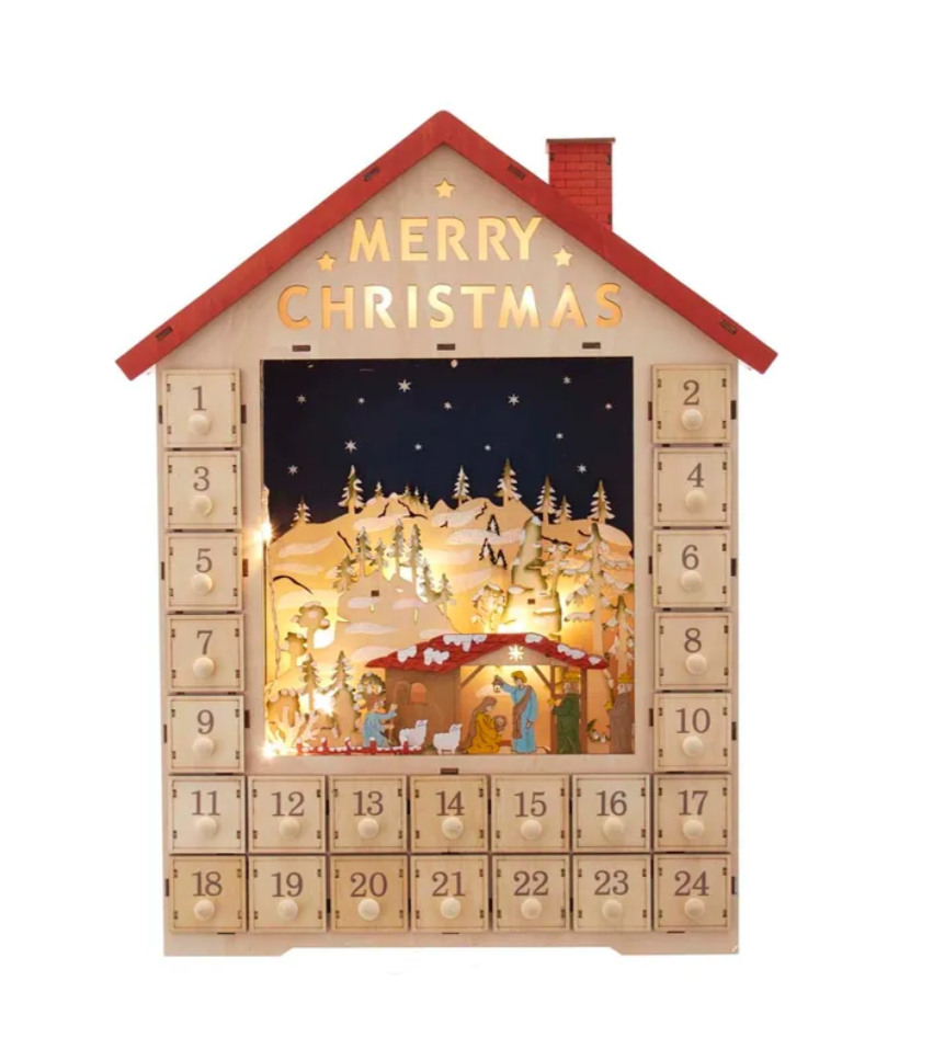 19" Lit Advent Calendar House with Nativity and Orange Roof by Kurt Adler straight on view on white background