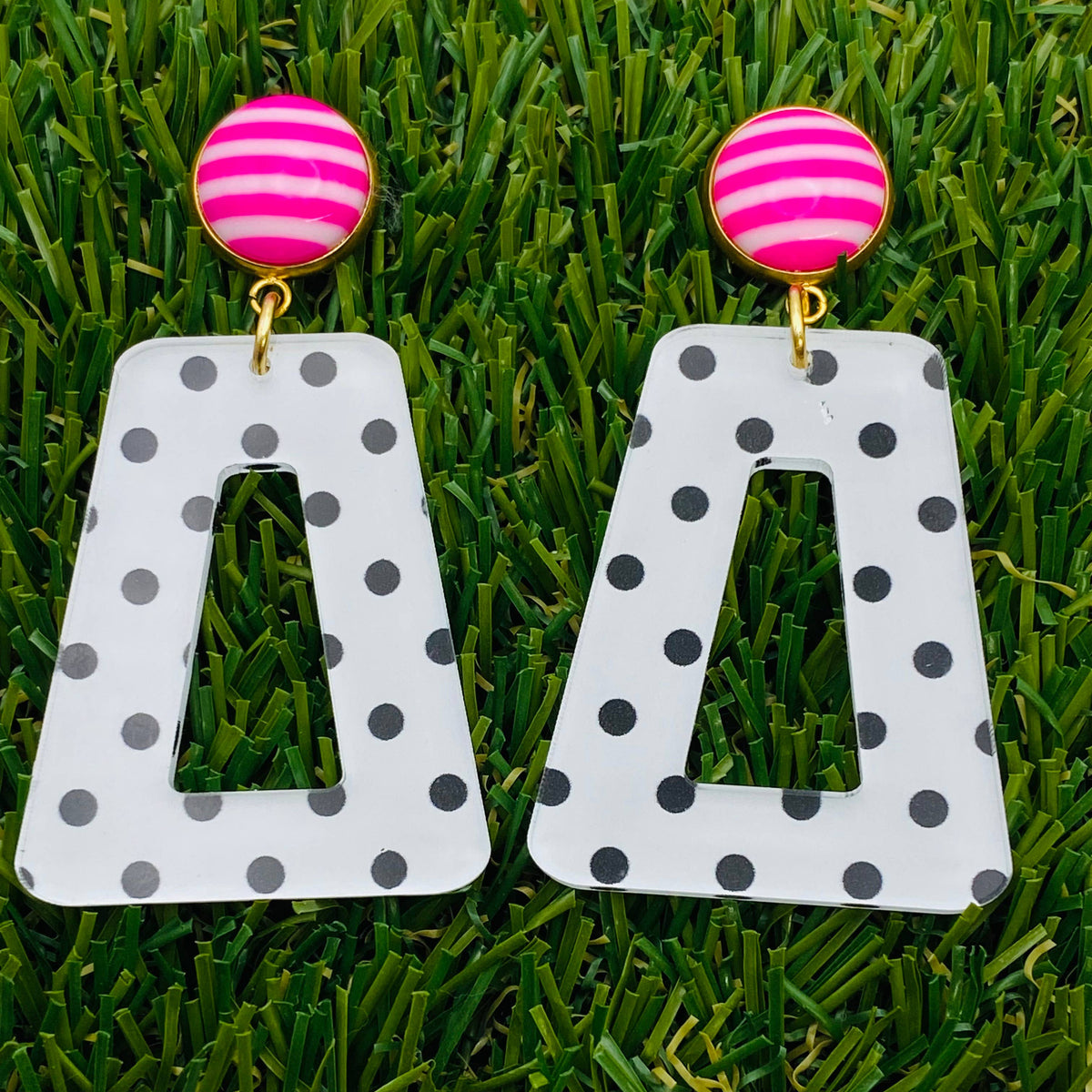 Polka Dot With Pink and White Stripe Button Earrings