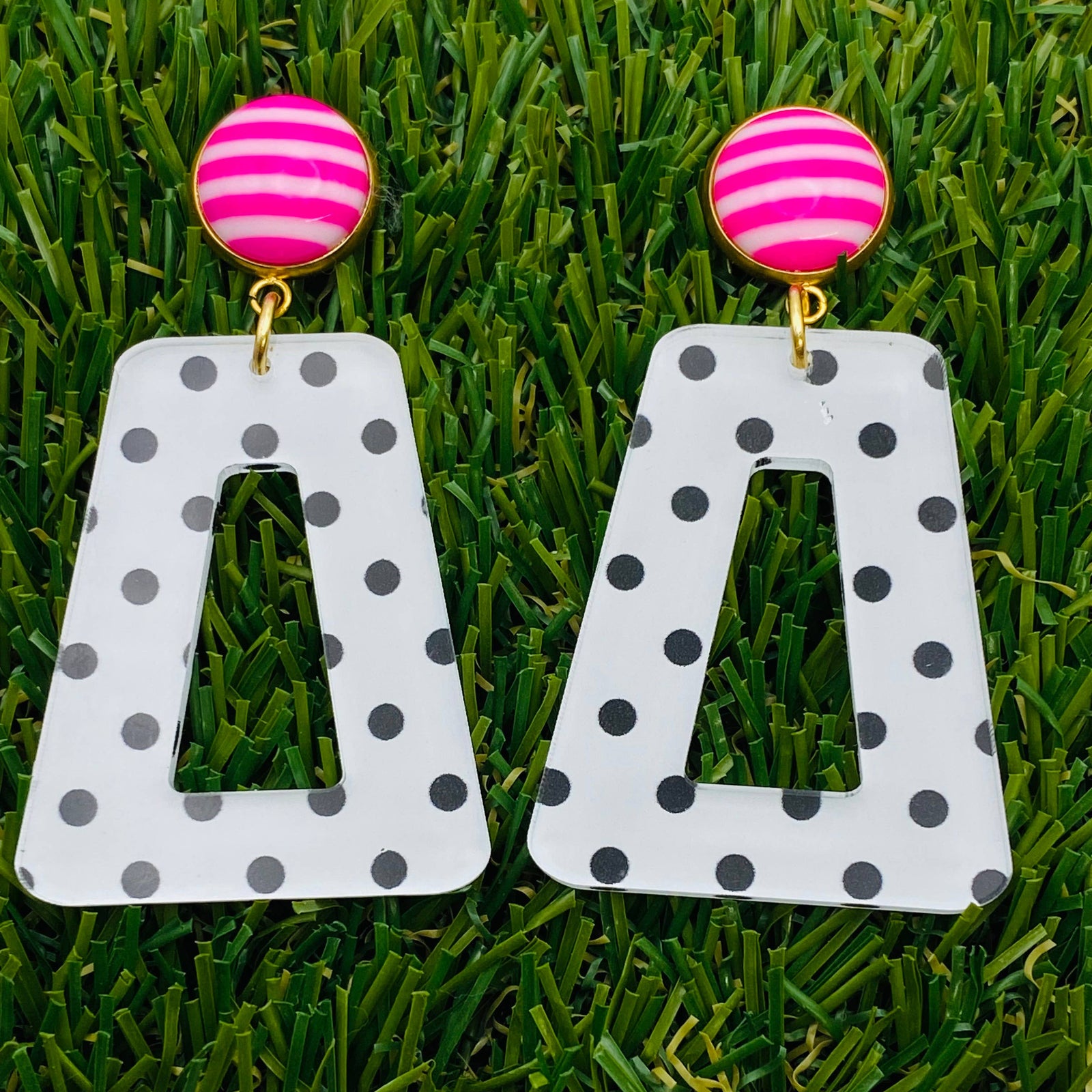 Polka Dot With Pink and White Stripe Button Earrings