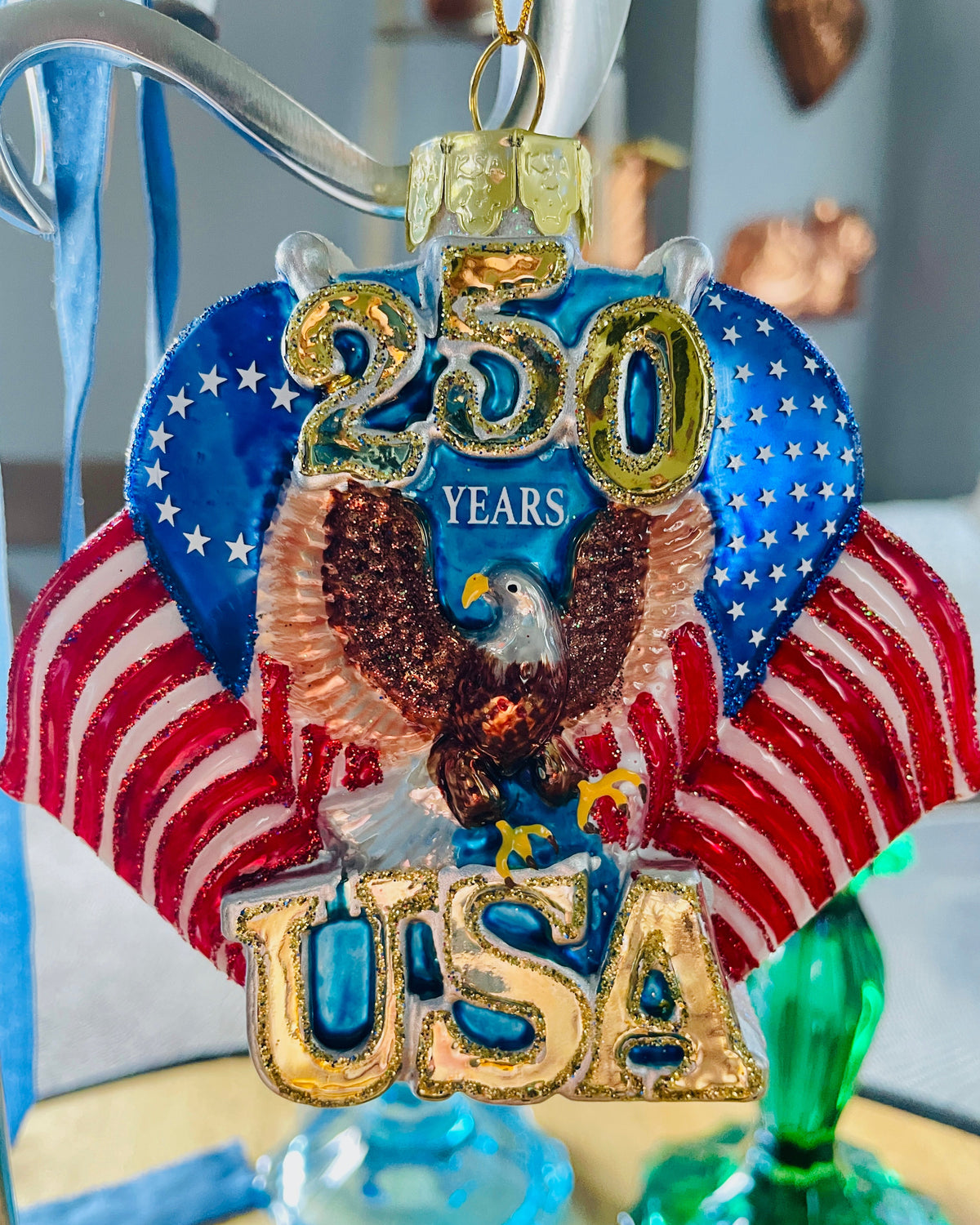 Christmas Cheer All Year officially licensed Kurt Adler Decorative ornament with eagle, American flag, and '250 Years USA' text 