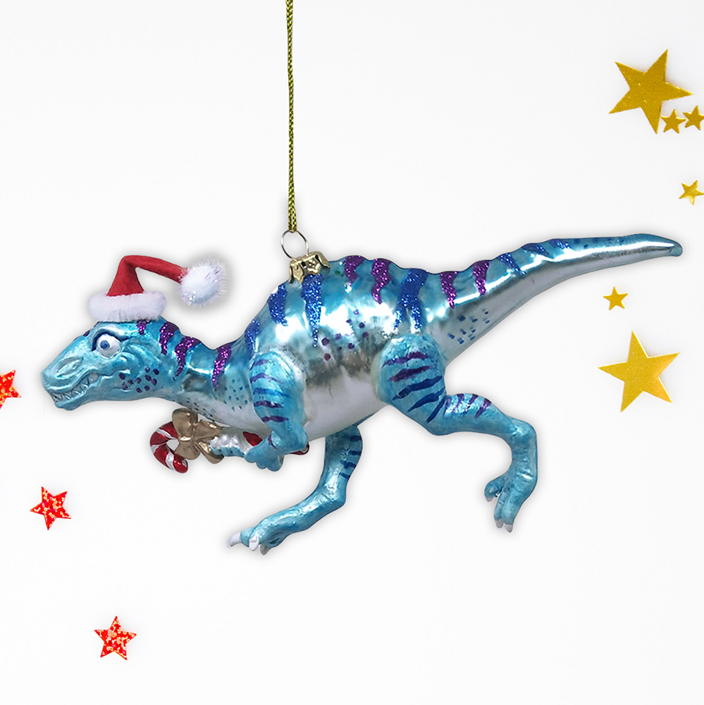 Blue Velociraptor Glittered Glass Ornament