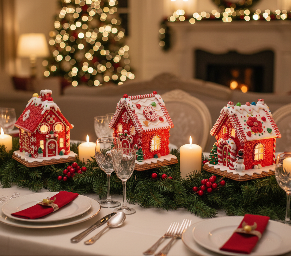 Christmas Cheer All Year Decorative 5.5" gingerbread houses on a Christmas-themed table with candles and a fireplace in the background.