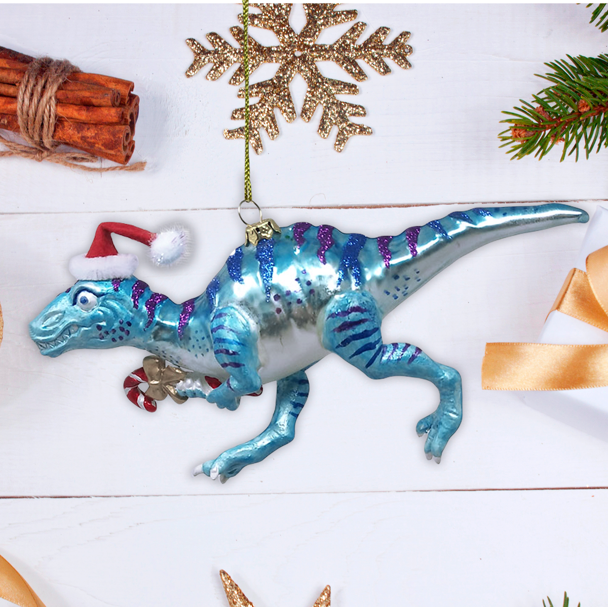 Blue Velociraptor Glittered Glass Ornament