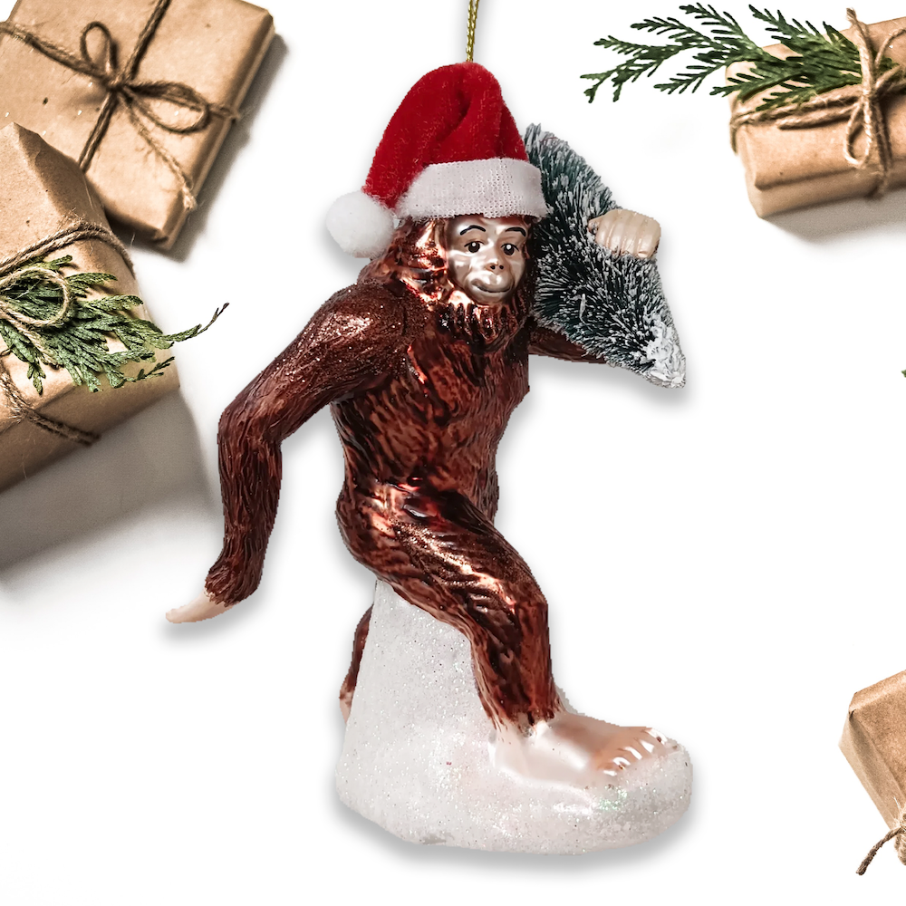 Bigfoot with Christmas Tree Glass Ornament