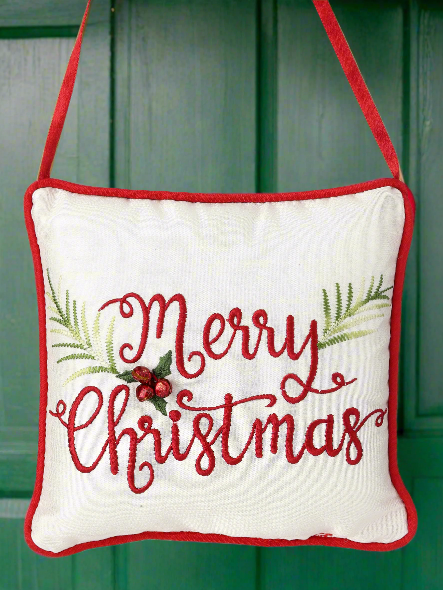 The Canton Christmas Shop 6" Quilted Embroidered Merry Christmas Pillow for doorknob door hutch display