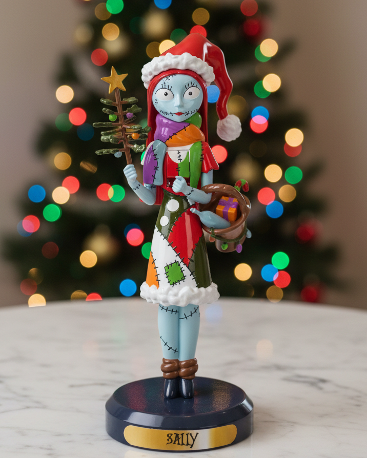 Christmas Cheer All Year 6 inch Sally nutcracker from The Nightmare Before Christmas standing on a round black base with a gold nameplate reading 'SALLY'. The figurine is dressed in a red Santa hat and a colorful patchwork coat, holding a small Christmas tree and gifts.