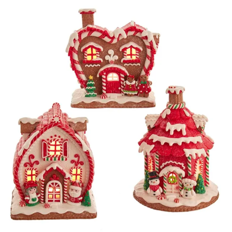 Christmas Cheer All Year 7" Lighted Romantic Holiday Couple Red and white iced Gingerbread Houses