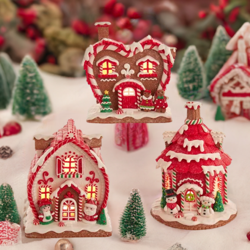 Christmas Cheer All Year 7" Lighted Romantic Holiday Couple Red and white iced Gingerbread Houses