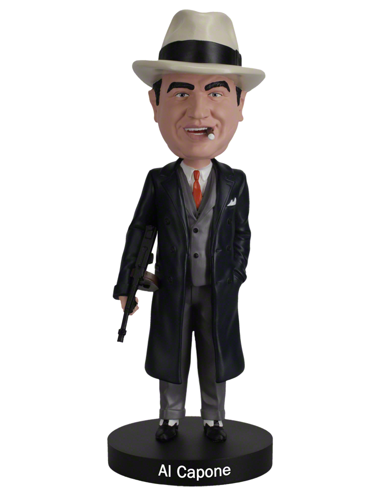 Christmas Cheer All Year American Gangster Bobblehead figure in formal attire with cigar in mouth banded hat trench coat suit and tie and tommy gun standing on a black base that says Al Capone