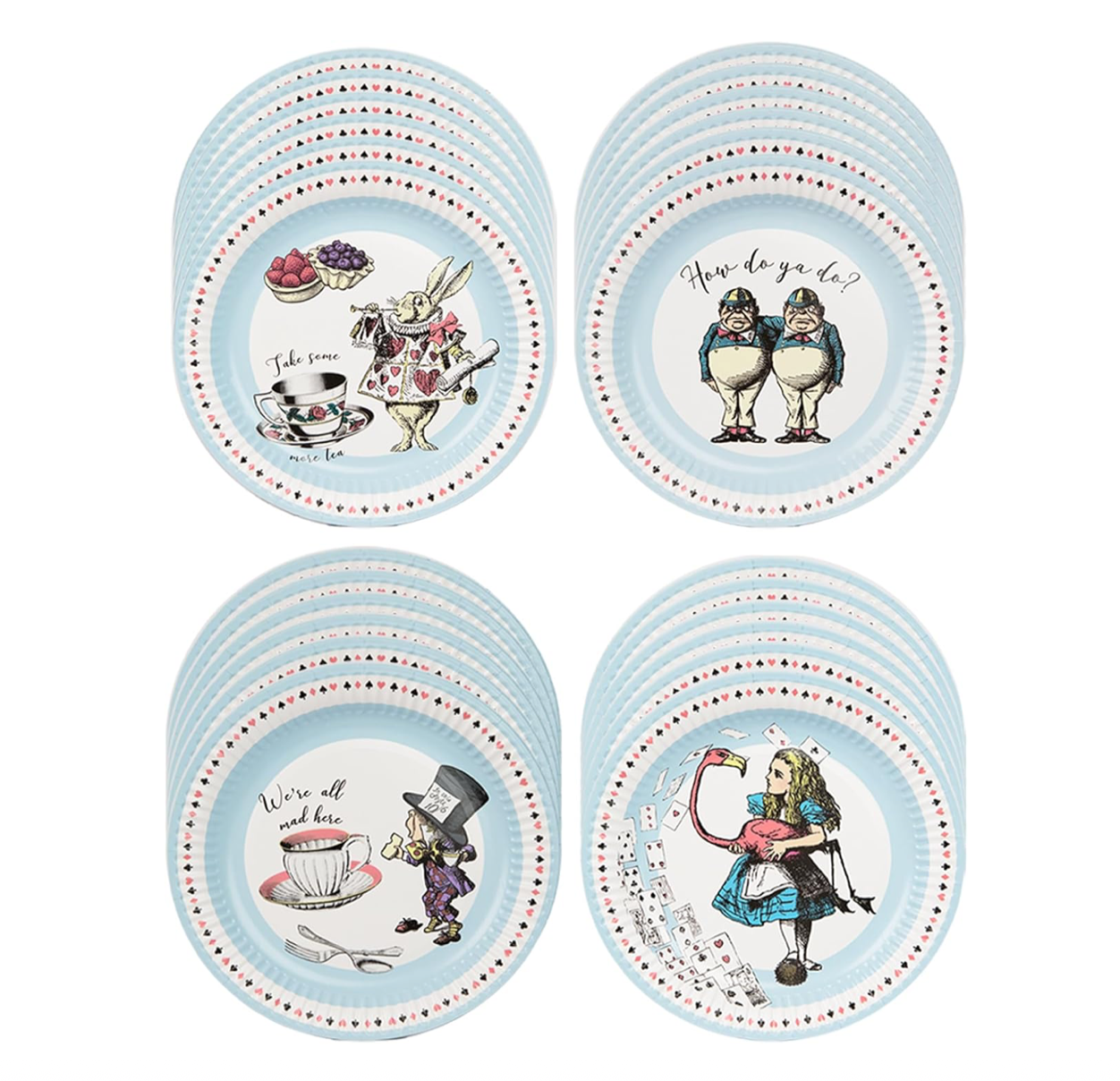 The Canton Christmas Shop Alice in Wonderland Party Paper Plate Set with Alice Flamingo White Rabbit Tweedle Dee Tweedle Dum Mad Hatter We're All Mad Here Playing Cards Birthday Party Tea Party
