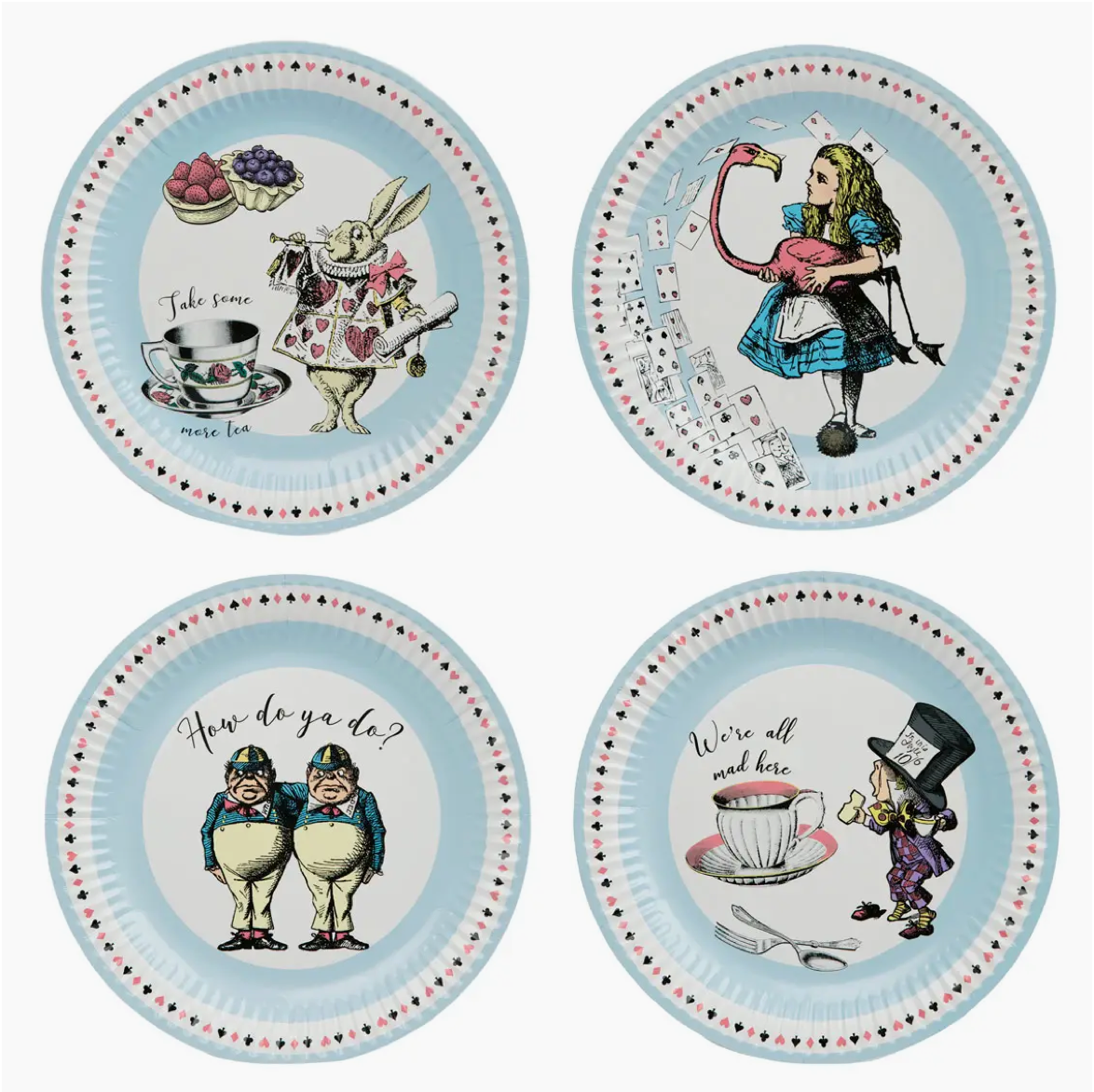 Christmas Cheer All Year Alice in Wonderland Party Paper Plate Set with Alice Flamingo White Rabbit Tweedle Dee Tweedle Dum Mad Hatter We're All Mad Here Playing Cards Birthday Party Tea Party
