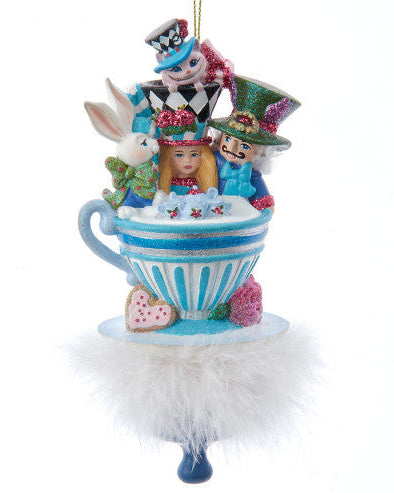 Christmas Cheer All Year Decorative ornament with characters from Alice in Wonderland in a teacup on a white background