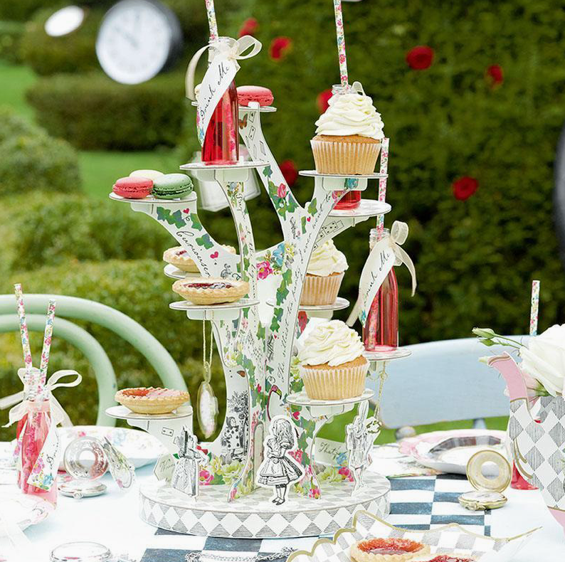 The Canton Christmas Shop Alice in Wonderland Tree Shaped Cupcake Stand with characters movie signs drink me eat me wrong way white rabbit Cheshire Cat pocket watch