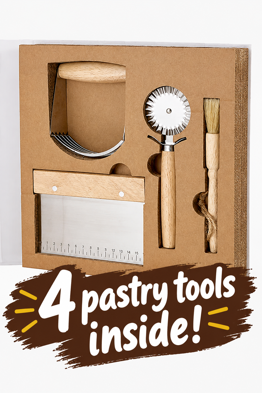 Christmas Cheer All year view of the baking tools inside box gift including pastry wheel bench scraper pastry brush pie crust maker